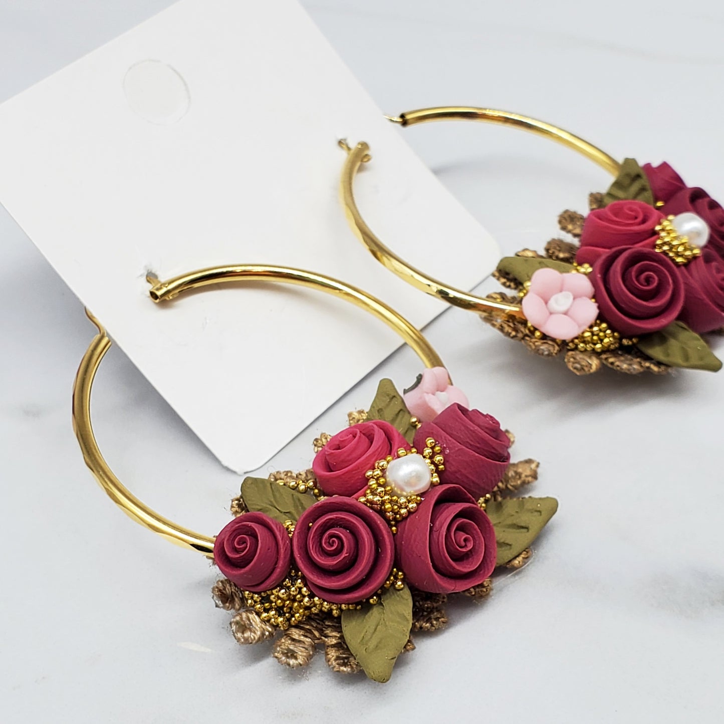 Flores de Frida - Gold Plated Hoops (Vino)