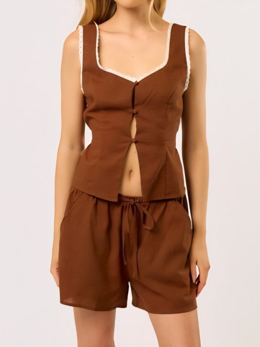 Cocoa linen lace trim set